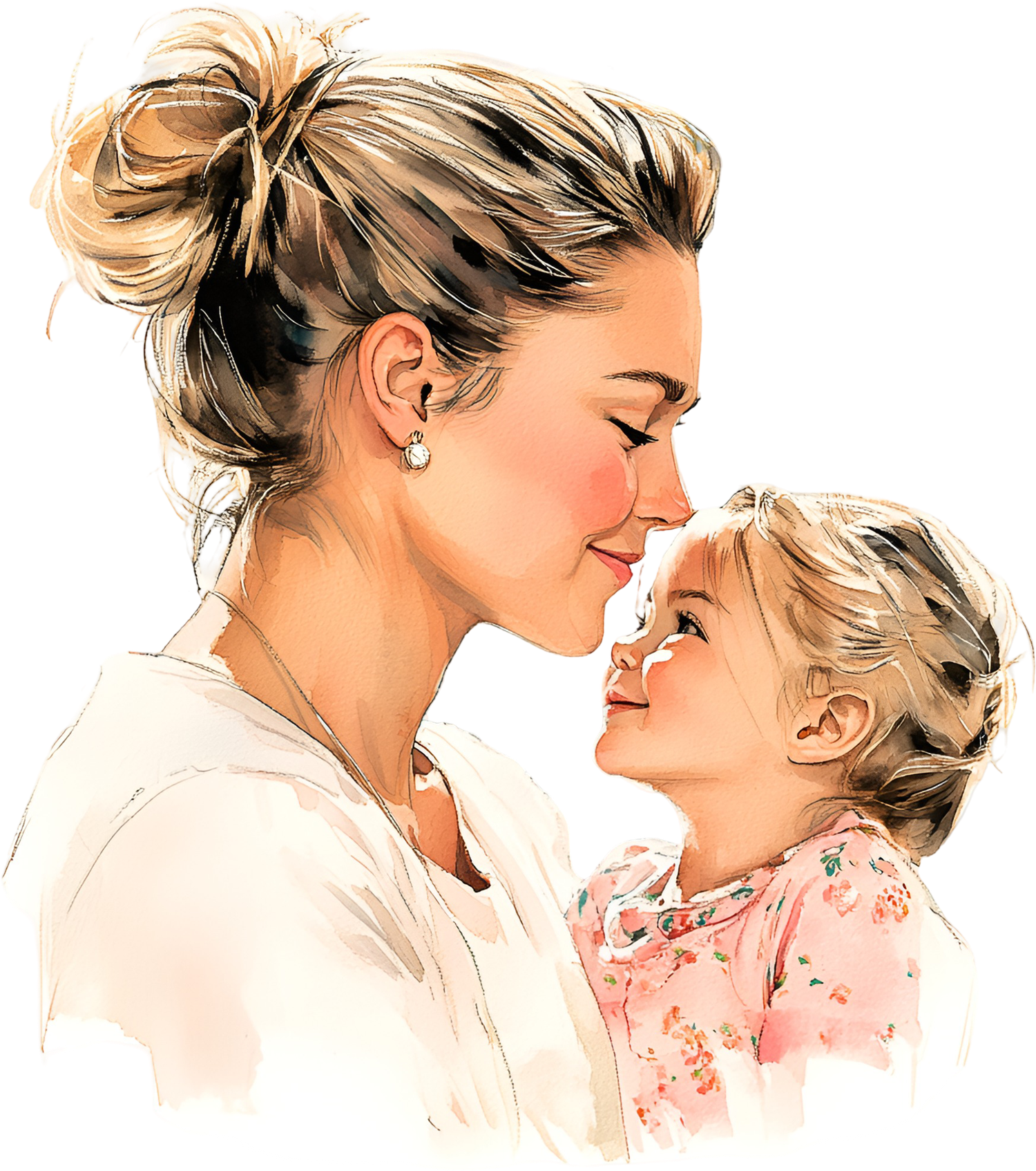 Tender illustration of a mother and daughter sharing an intimate moment with matching messy buns and loving expressions.