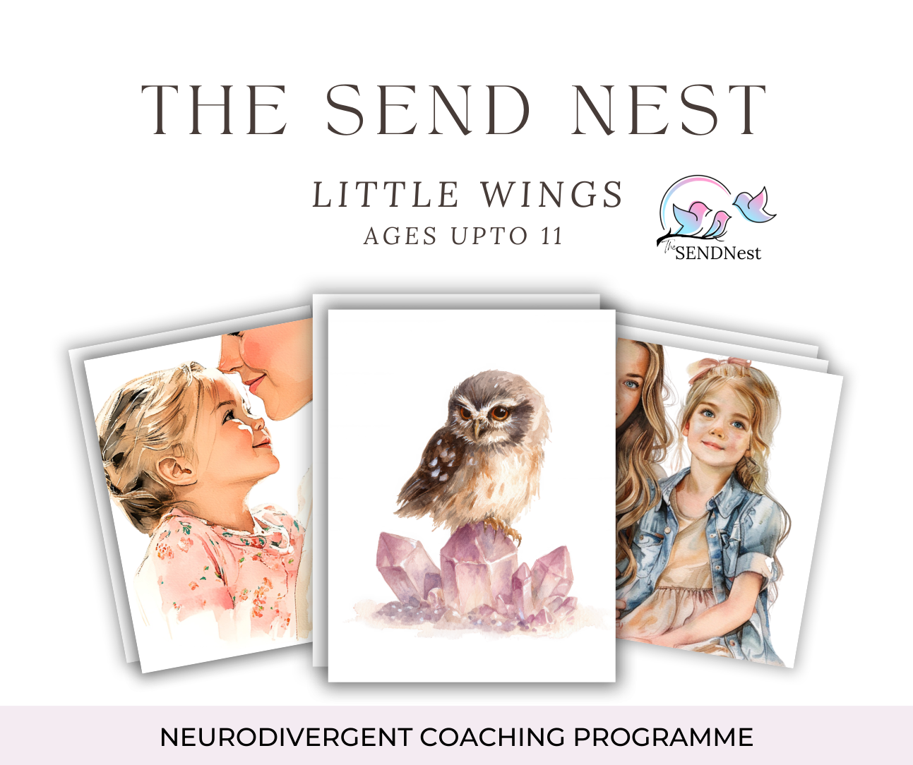 Watercolor illustrations of dreamy figures in soft pastels form a banner design for The Send Nest coaching programme.