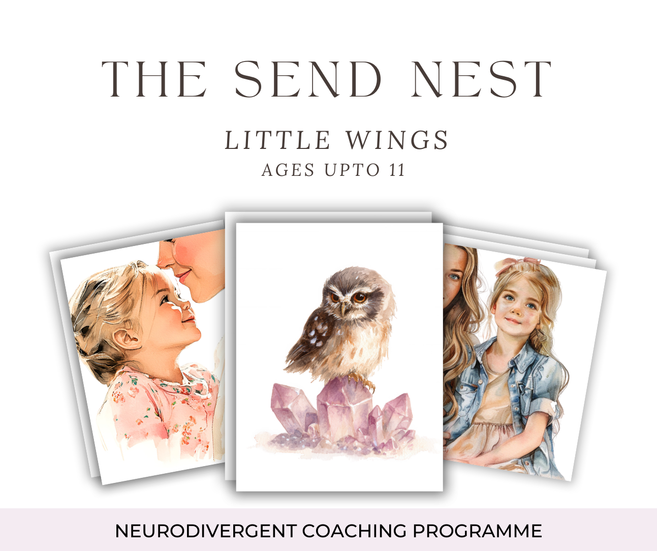A decorative header banner featuring soft watercolor illustrations and text reading 'The Send Nest Little Wings' for a coaching program.