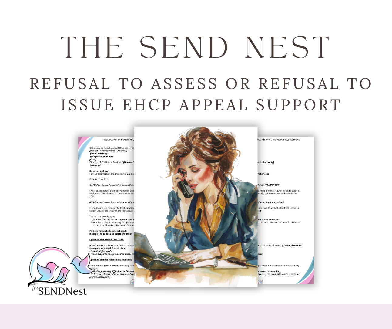 A pink and white website header design with text reading 'The Send Nest' and legal document graphics.