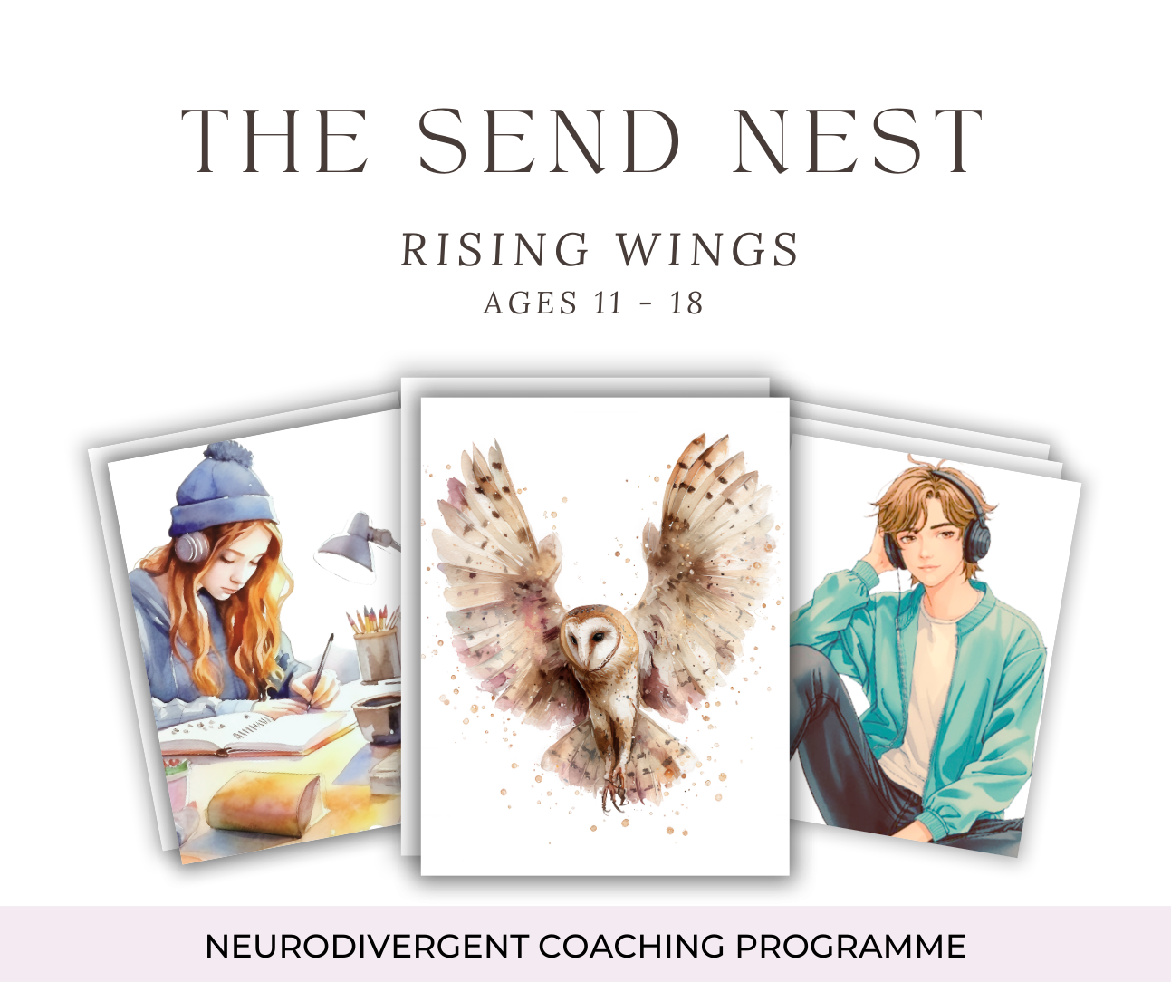 A collage of neurodivergent coaching program images showing hands writing, birds in flight, and therapeutic activities.