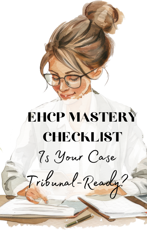 Watercolor illustration of a student studying with EHCP Mastery Checklist text overlay for tribunal preparation.