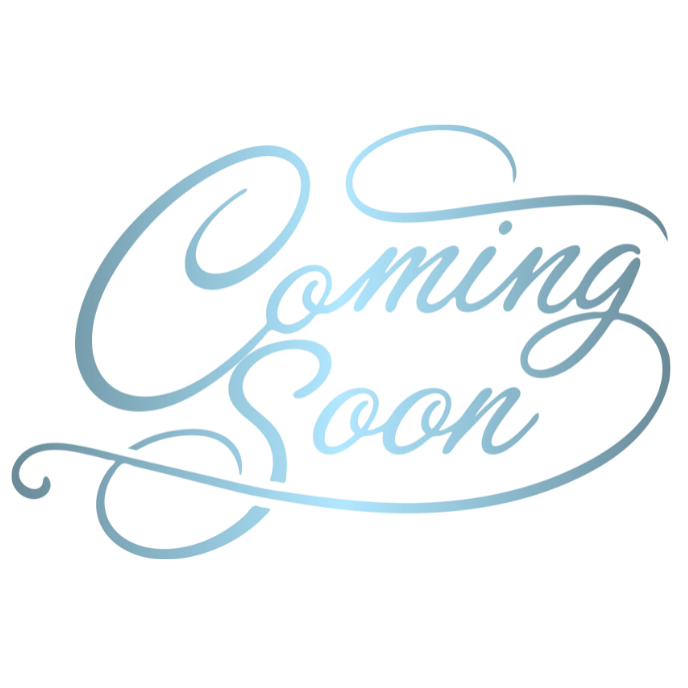 Elegant light blue calligraphy text reading 'Coming Soon' with decorative swirls and flourishes.