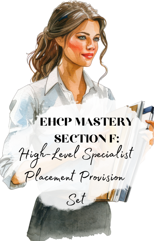 Watercolor illustration of a professional woman in business attire with text overlay about EHCP mastery and placement.