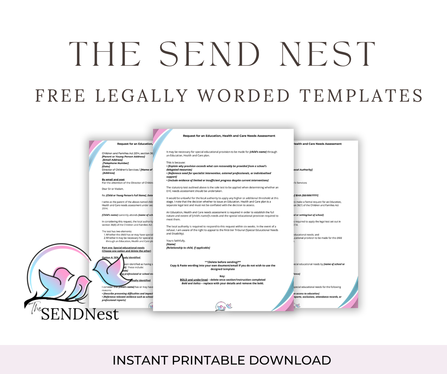 A collection of legal document templates with pink and blue accents displayed in a digital mockup format.