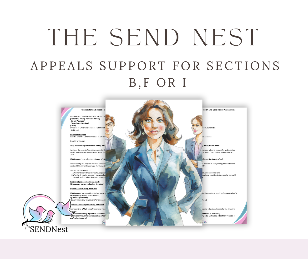 Website header design showing The Send Nest branding with sections for appeals support, decorated with watercolor style artwork.