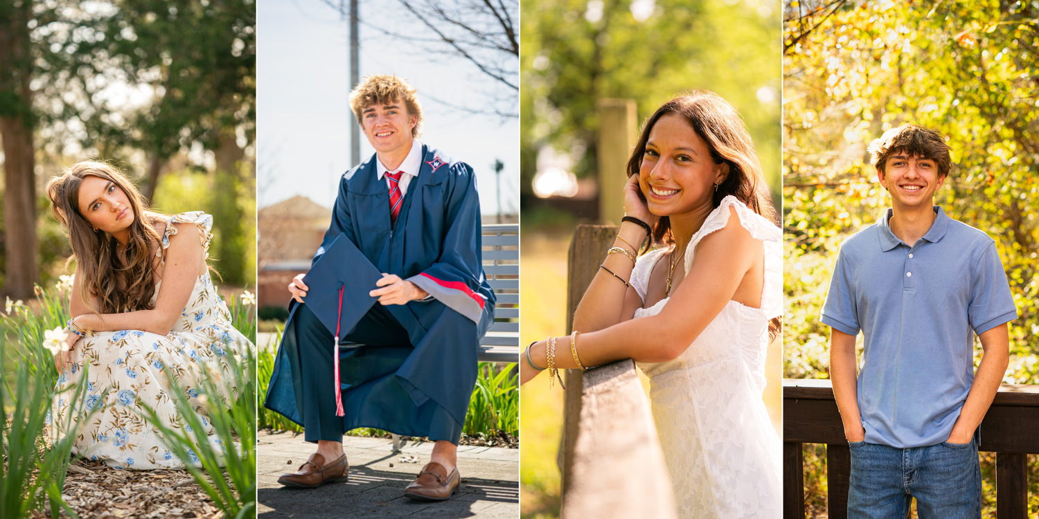 Four senior portrait photos showing teens in casual and formal attire, including graduation gown, outdoors in natural settings.