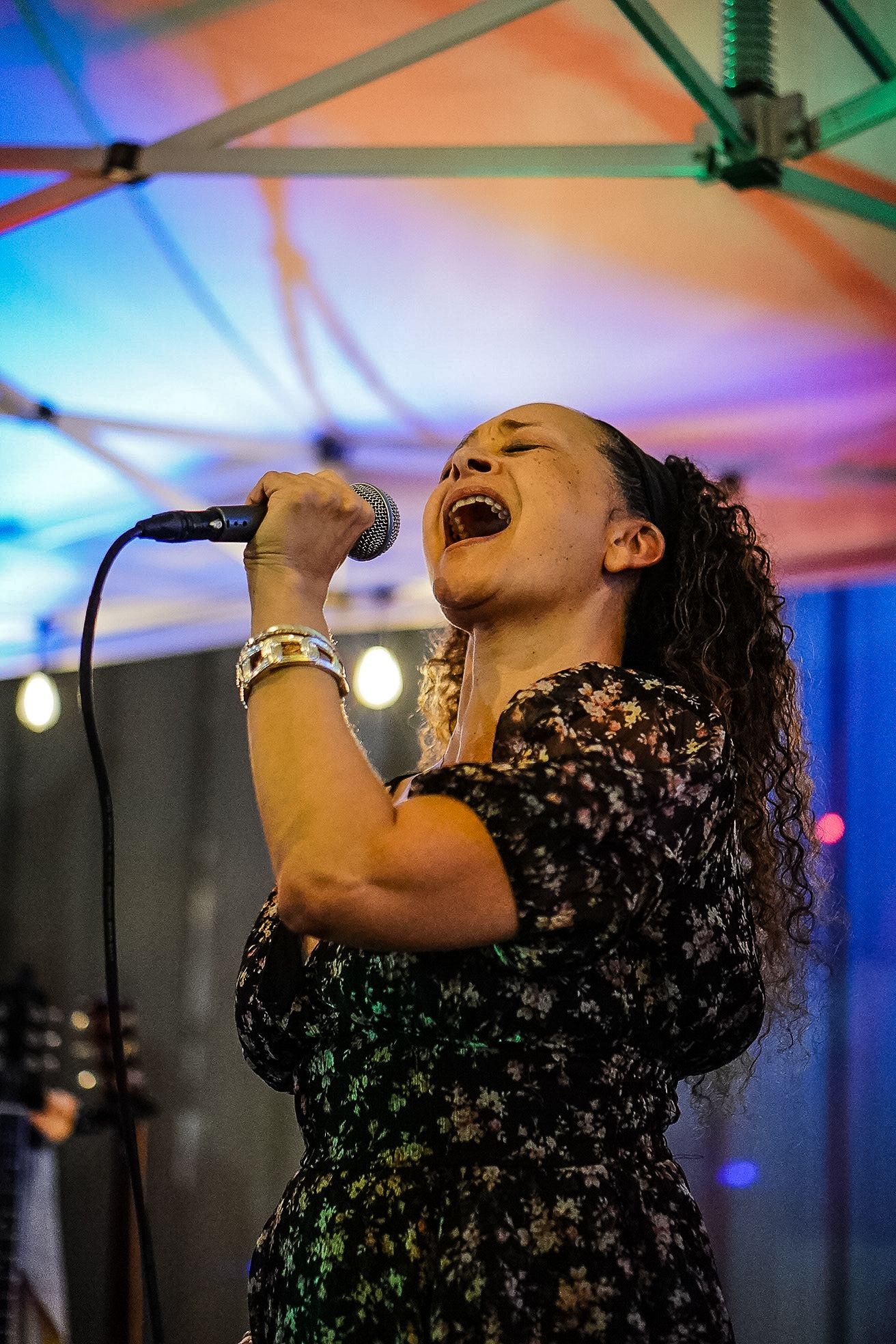 Singer performing passionately on stage with dramatic colorful lighting effects.