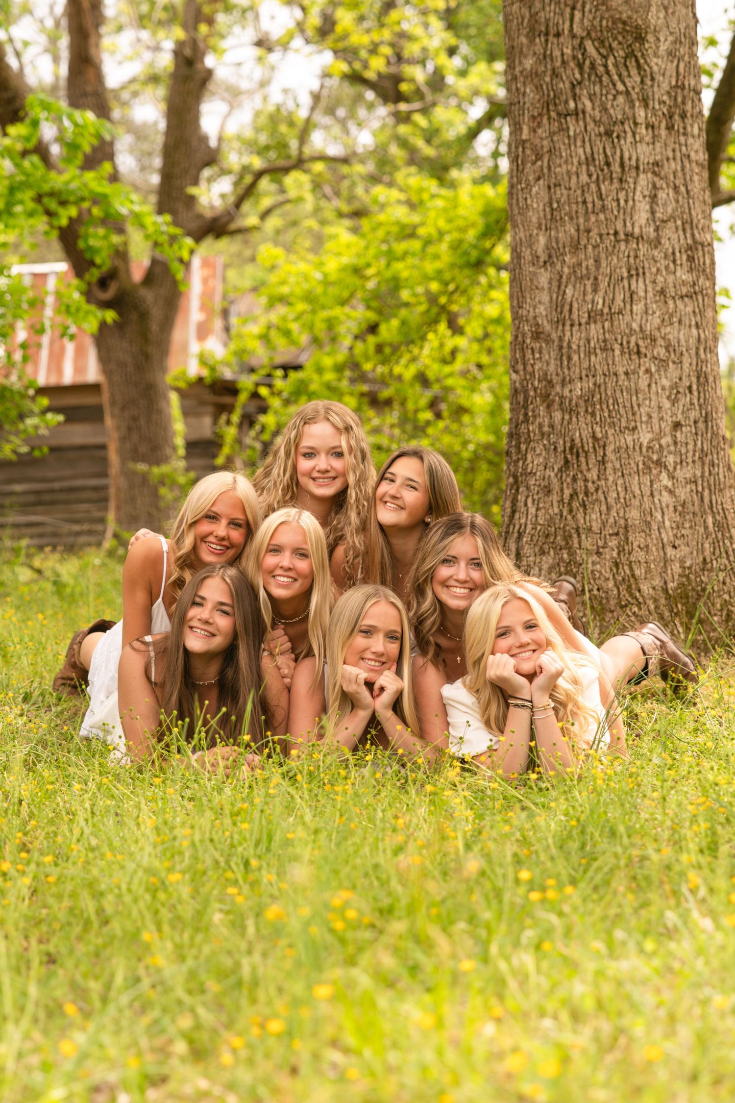Seven young women smiling and posing together on green grass near a large tree outdoors.