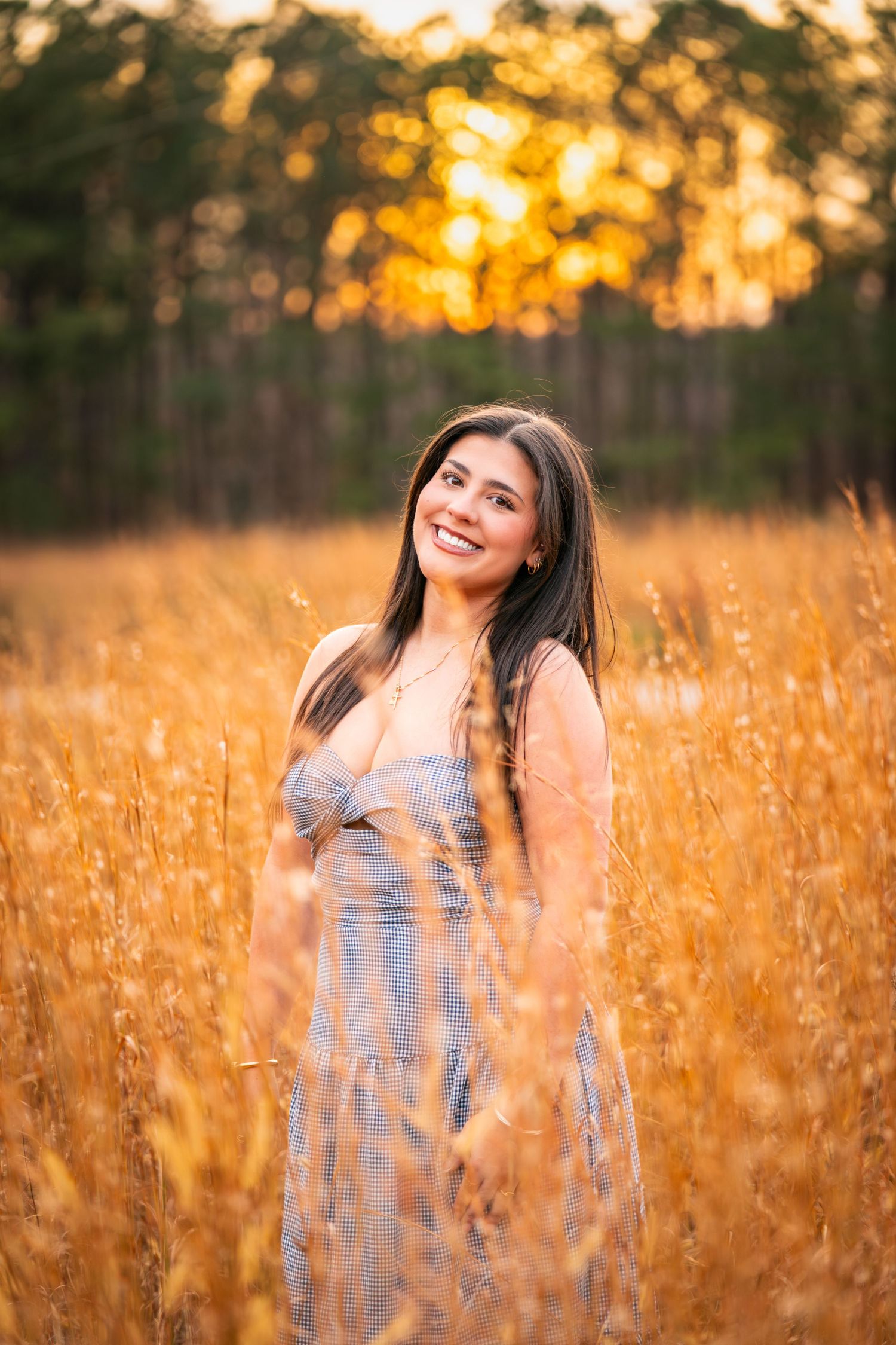 A golden sunset illuminates a field of tall wheat grass creating a warm and dreamy outdoor portrait setting.