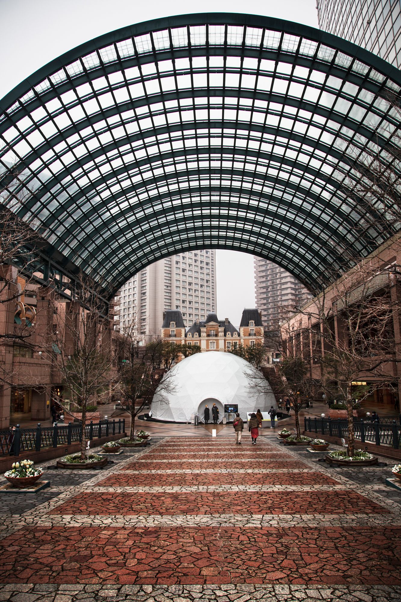 Modern glass-arched walkway with brick pavement leading to a white dome structure.