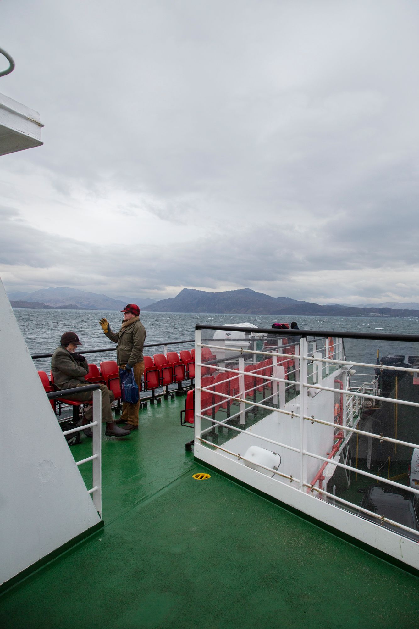 Passengers on a ferry deck with green flooring look out at cloudy mountain views across multiple connected photos.