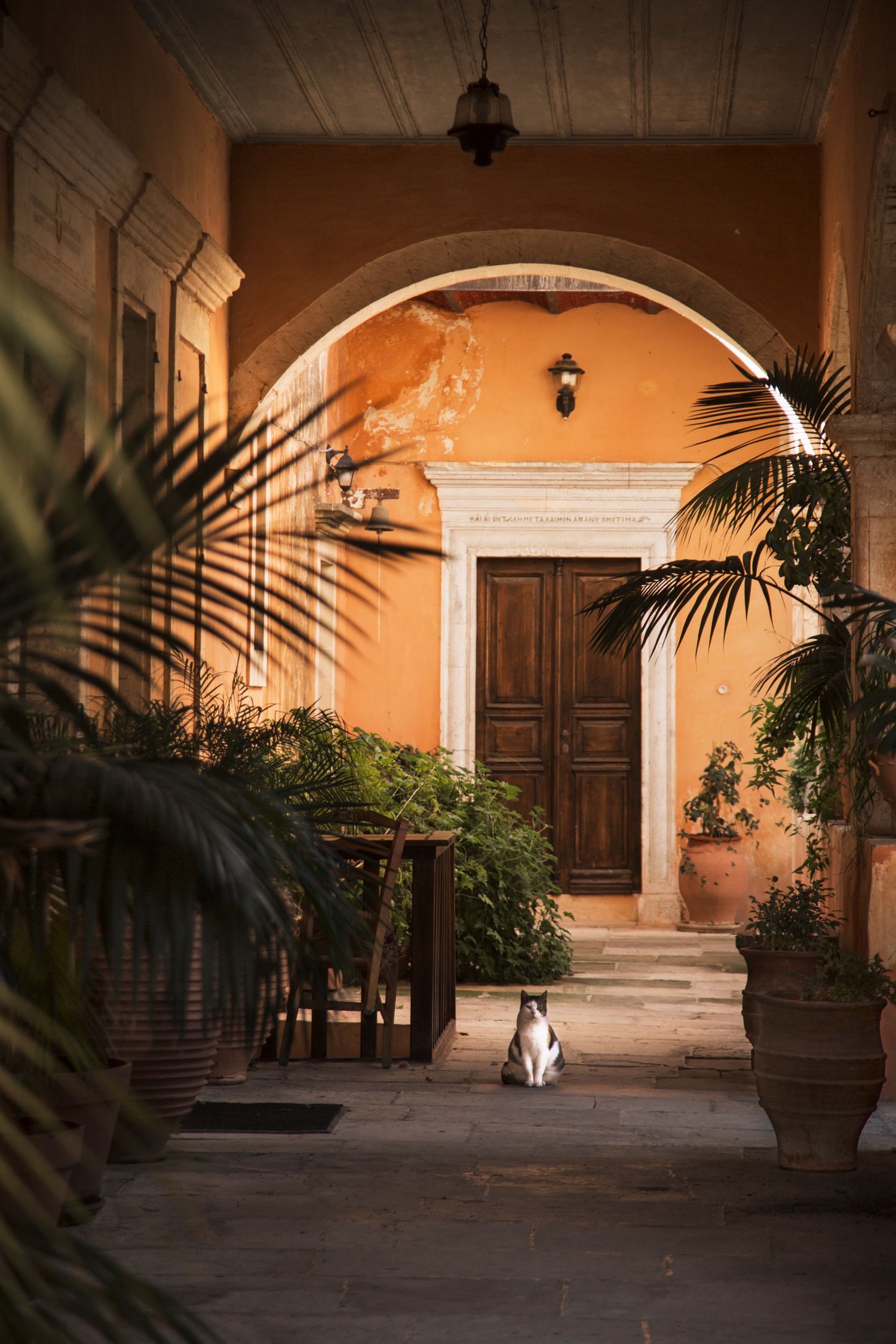 Arched colonnade with terracotta walls and potted plants creates a peaceful Mediterranean courtyard.