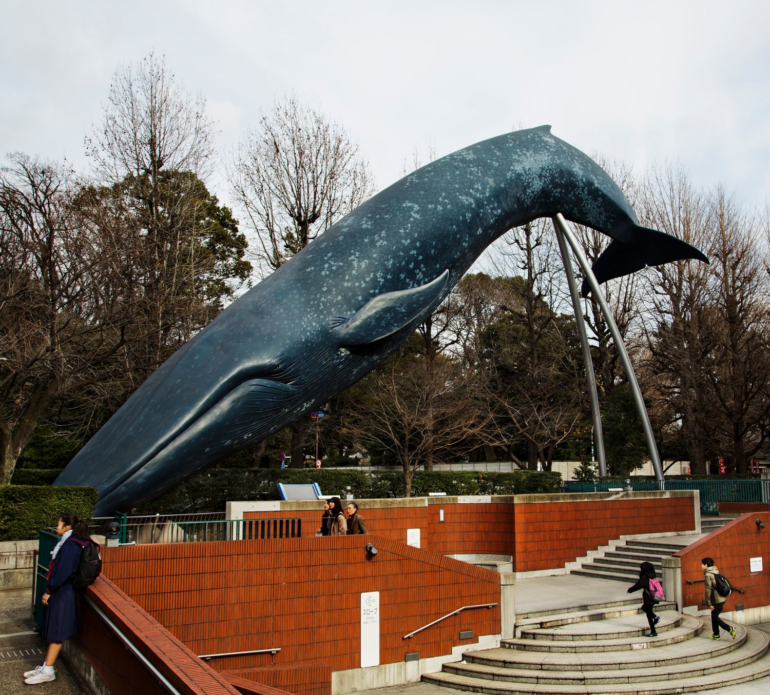 Large blue whale sculpture arching over brick steps in an outdoor plaza.