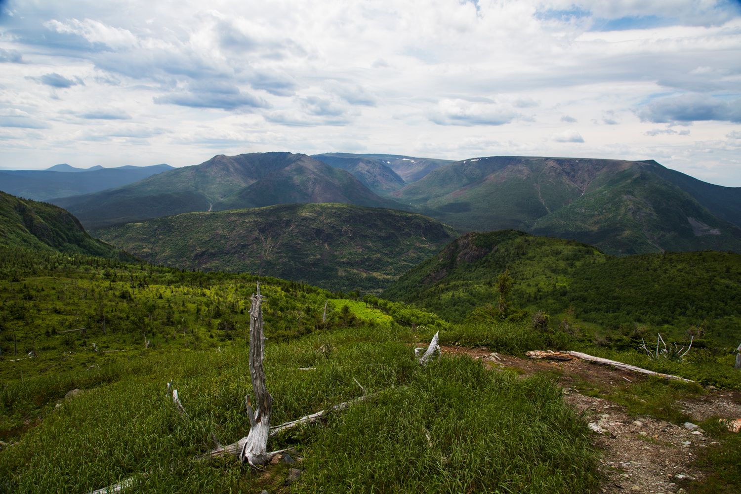 Scenic mountain vista with rolling peaks and green vegetation stretching to the horizon.