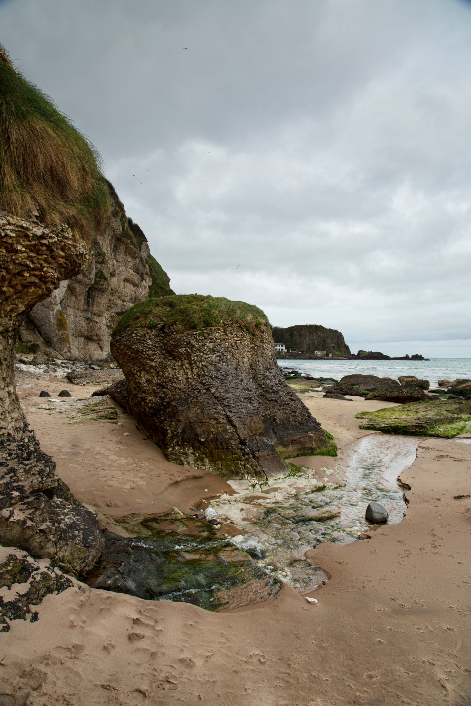 Rocky beach cove with dramatic cliff formations and tidal pools along coastal shoreline.