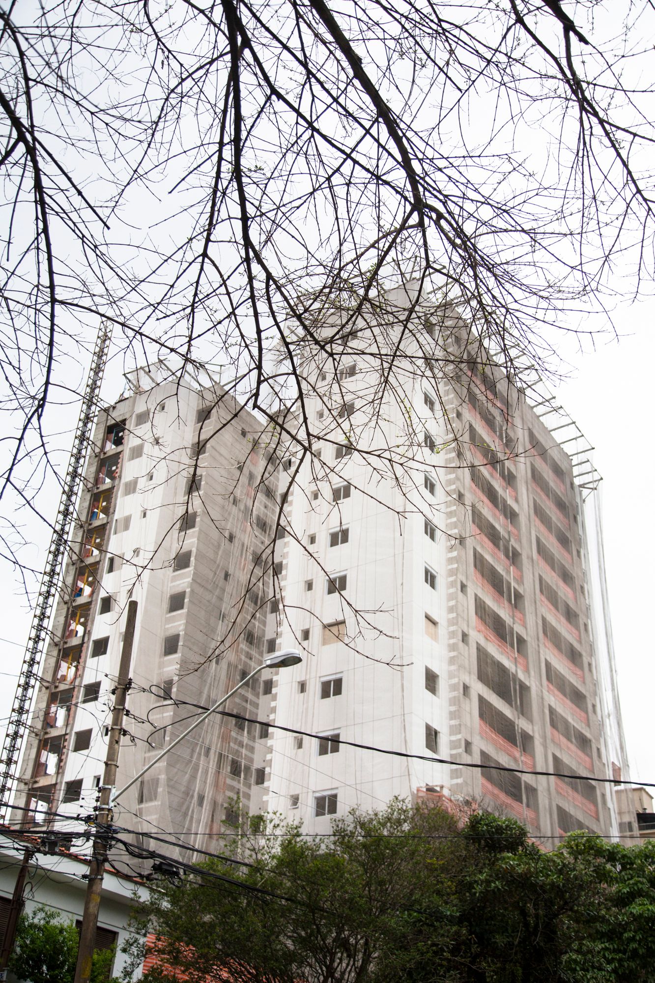 Modern high-rise apartment buildings viewed through bare winter tree branches against cloudy sky.