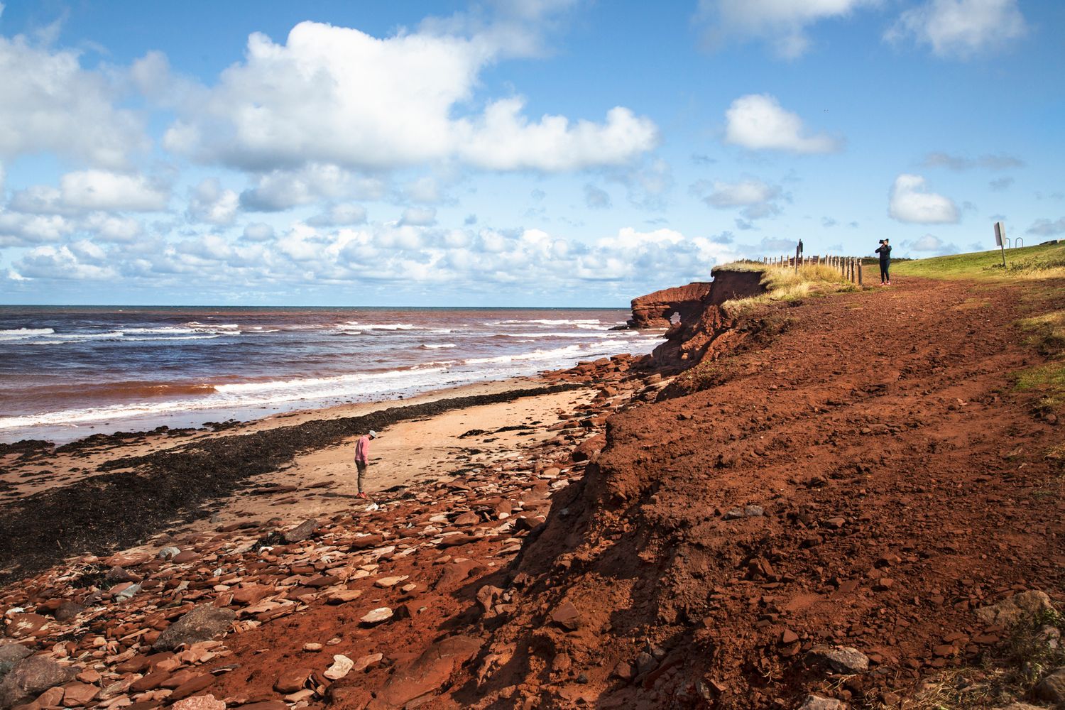 Red cliffs and eroded coastline stretching along a sandy beach under bright blue skies.