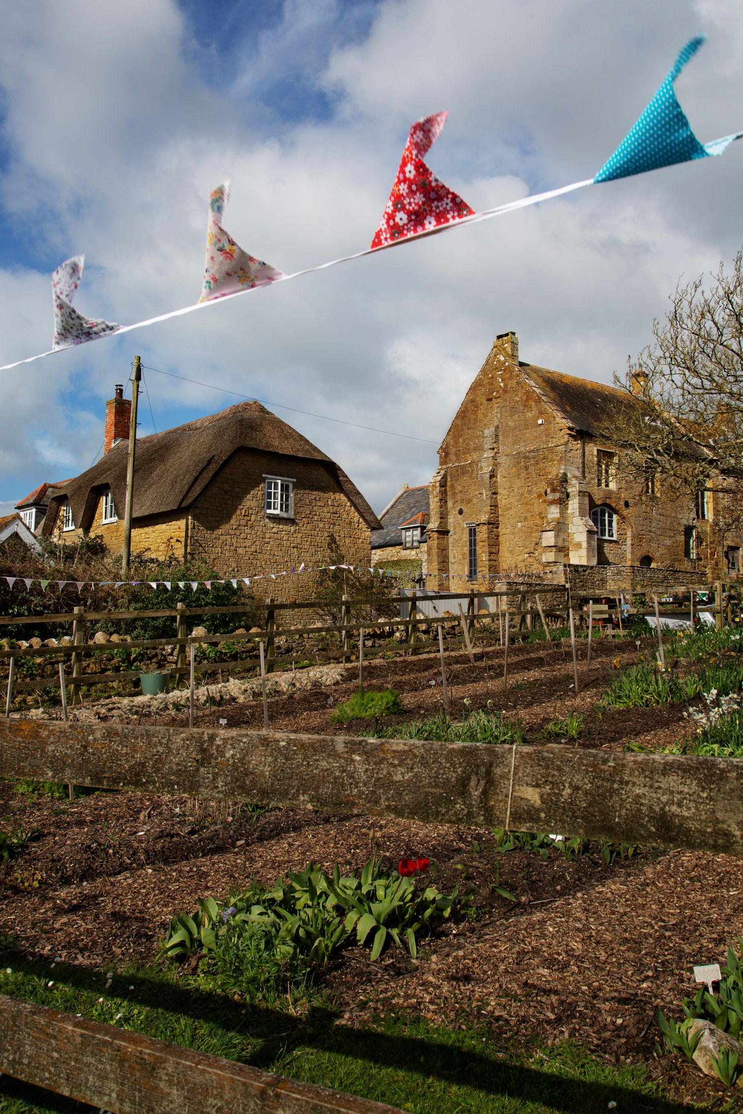 Colorful bunting flags wave above a thatched cottage and community garden plots.