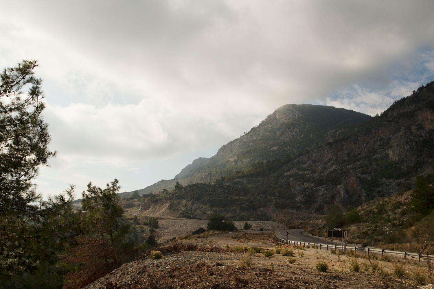Misty mountain landscape with winding paths and cloudy skies in natural wilderness.