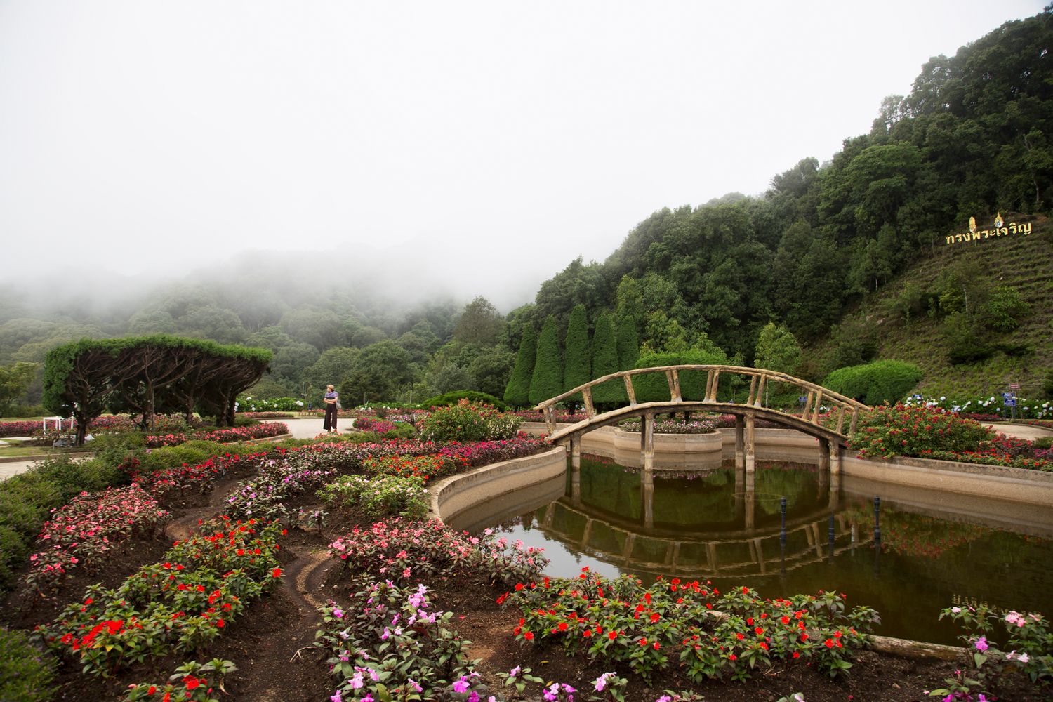 Foggy panorama of manicured gardens with colorful flowers and winding paths.