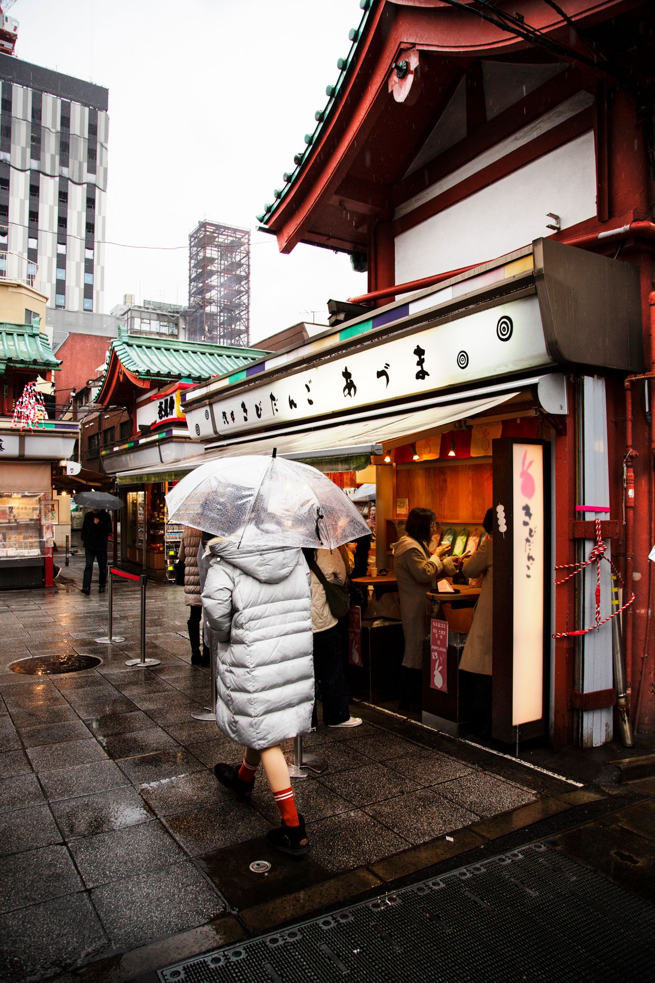 Traditional Japanese shopping arcade with red temple-style roofs and storefronts on a wet day.
