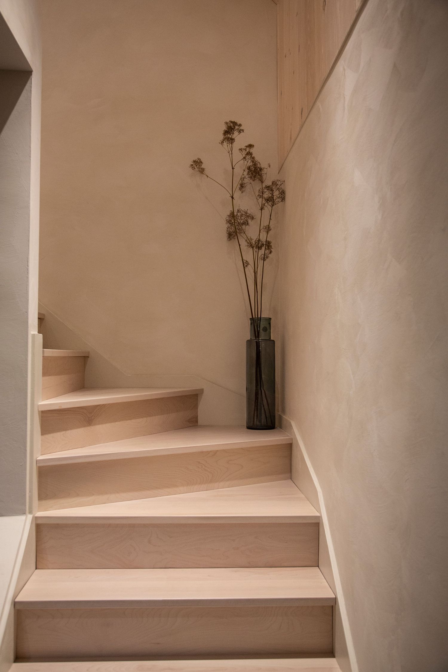 Minimalist staircase with light wooden steps and white walls featuring decorative plant arrangement.