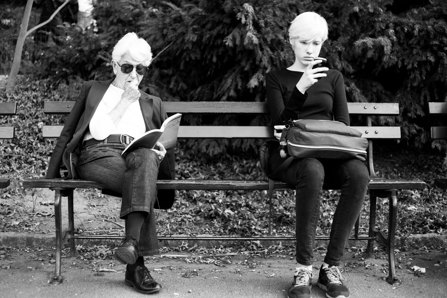 People sitting on benches in a park setting on a sunny day.