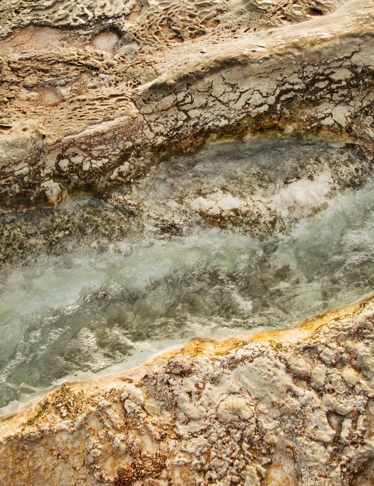 Closeup of mineral-rich thermal water flowing through rocky travertine formations.