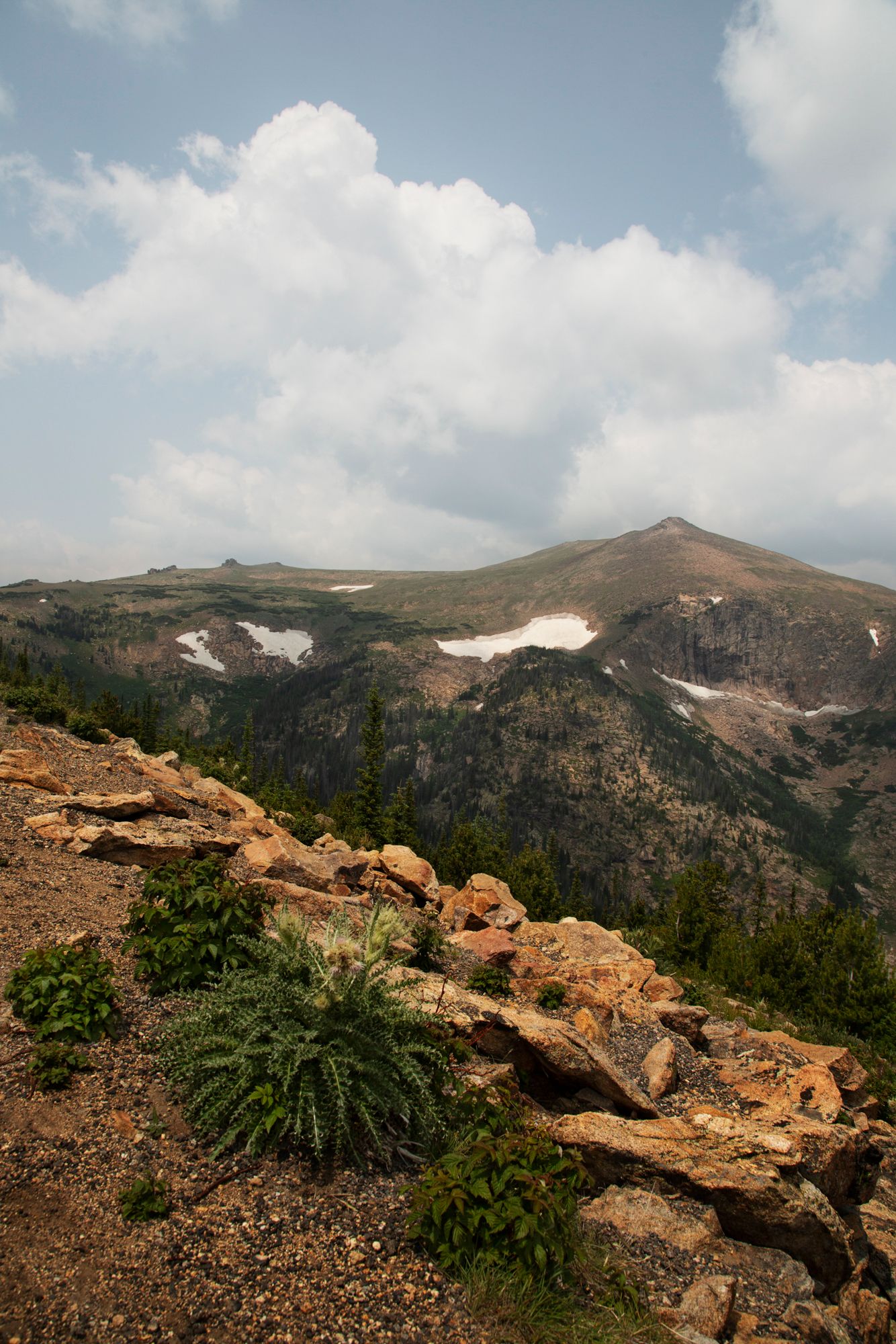 Panoramic mountain landscape with rocky outcrops, green vegetation, and patches of snow against a cloudy blue sky.
