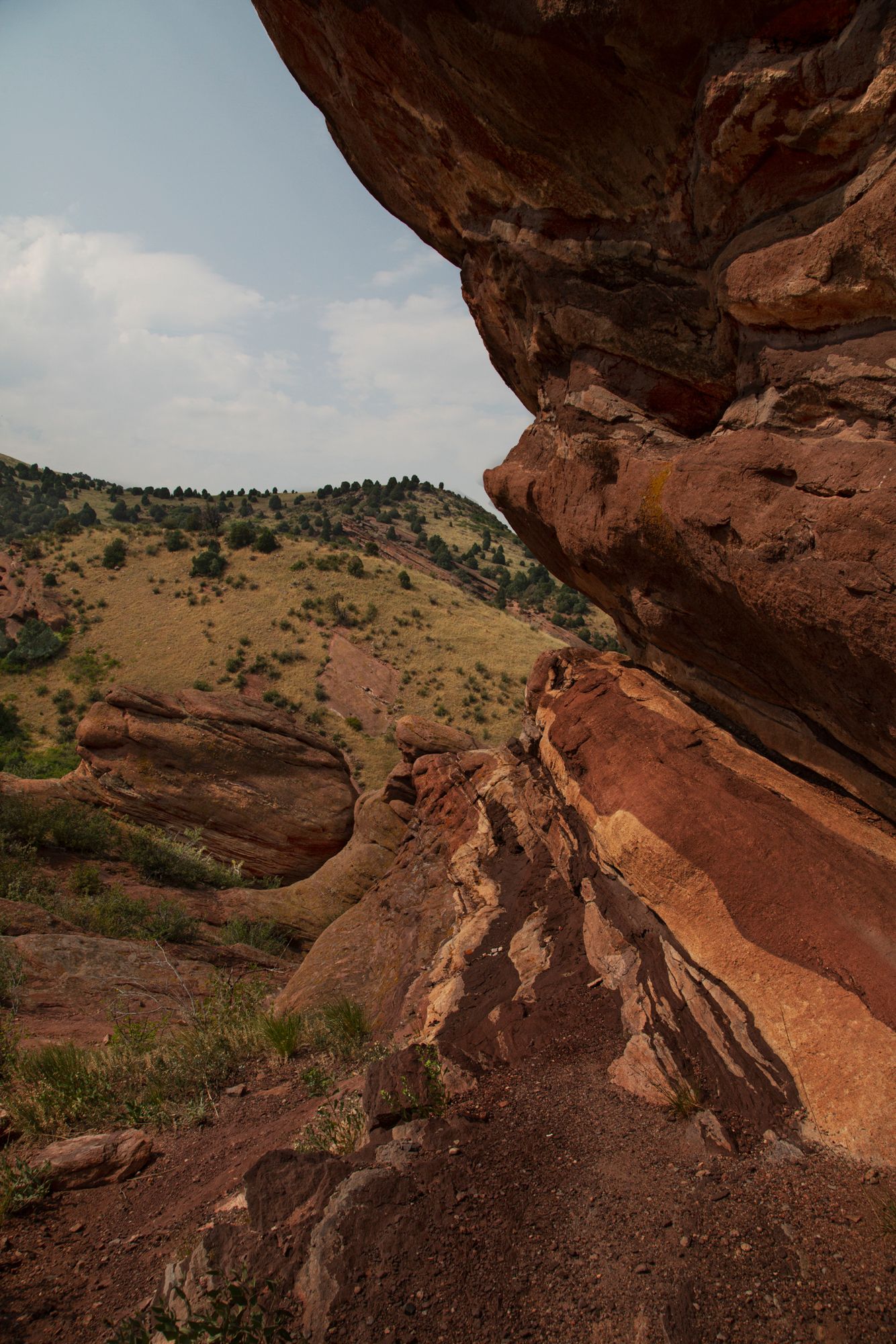 A panoramic view of red rock formations and natural stone arches in a rugged desert landscape.