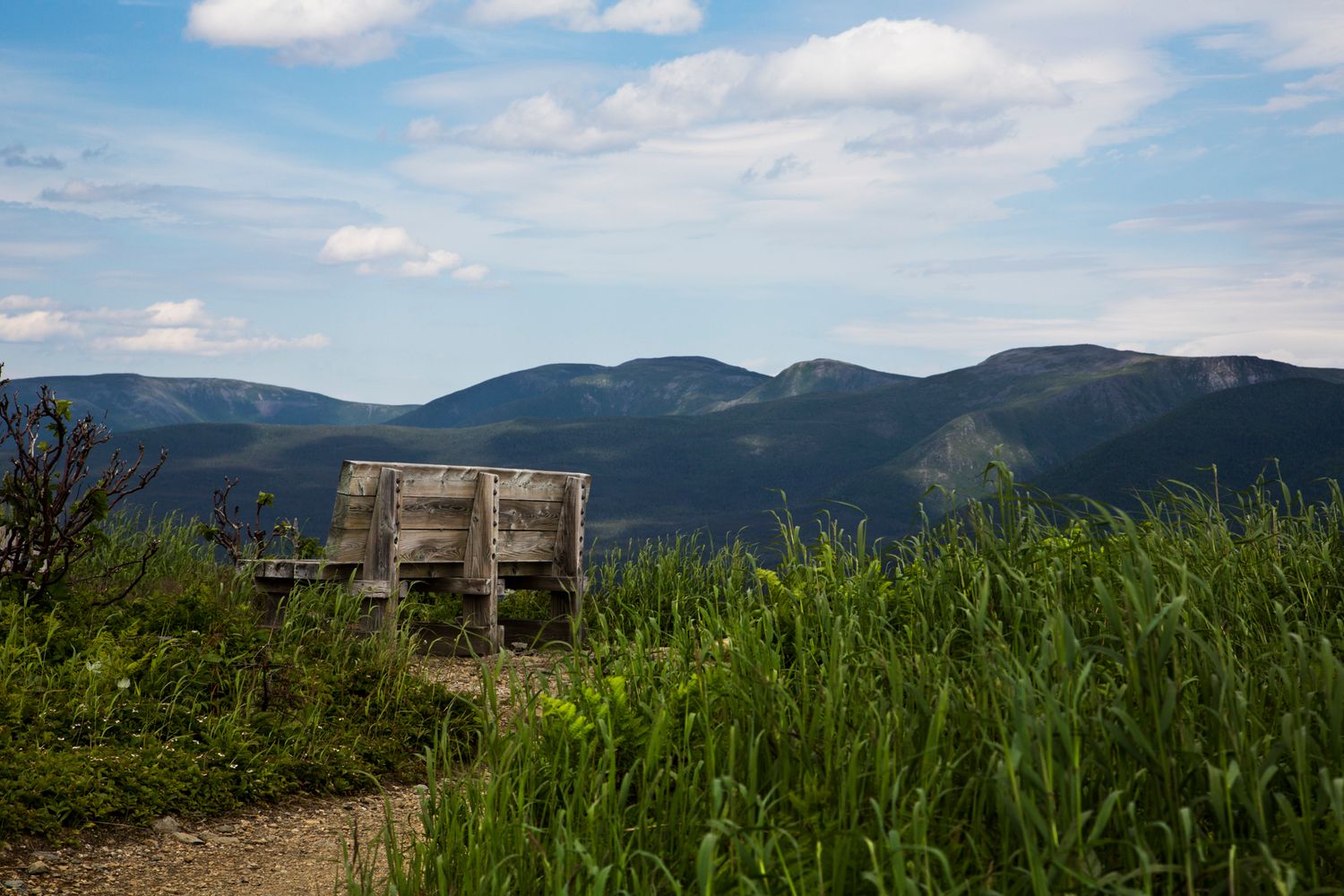 Mountain landscape with distant peaks and grassy meadow under scattered clouds.