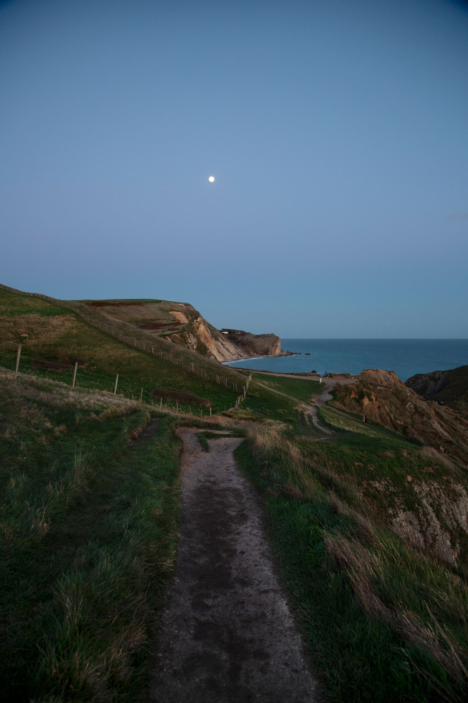 A winding coastal path leads along dramatic cliffs under a dusky sky with visible moon.