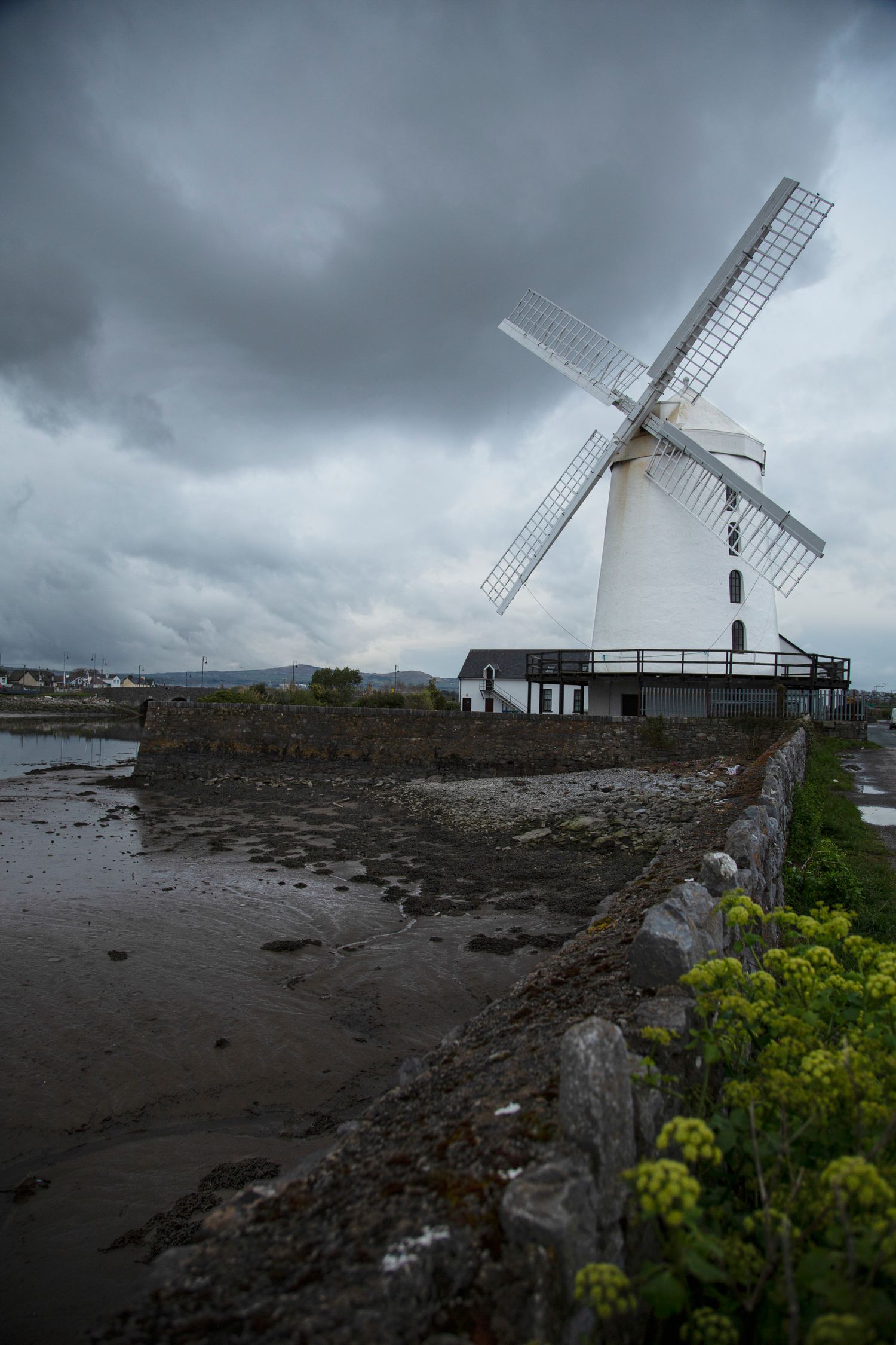 White windmill stands against stormy sky on rocky coastal shore with yellow wildflowers in foreground.