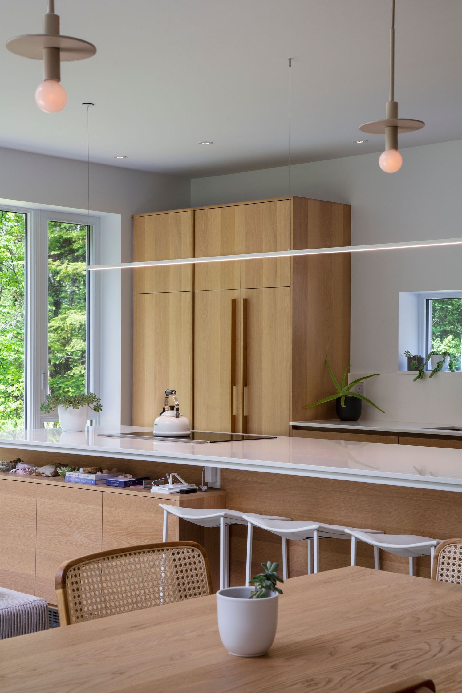 Sleek dining area with wooden cabinetry and windows overlooking natural scenery.