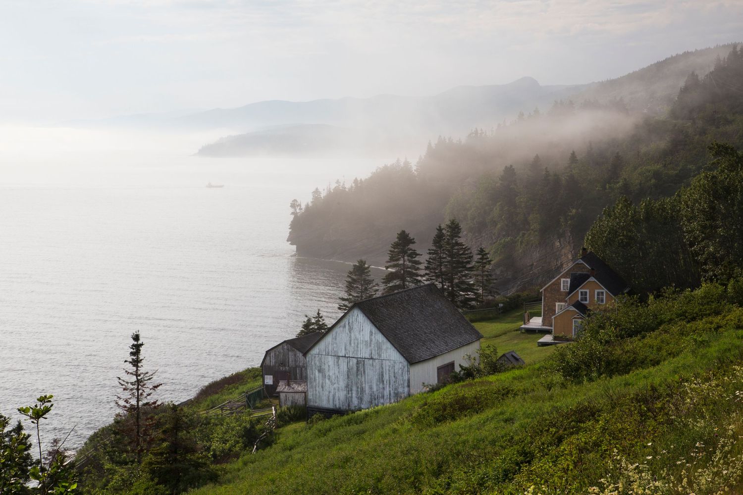 Foggy coastal landscape with historic lighthouse buildings perched on green cliffs above the ocean.