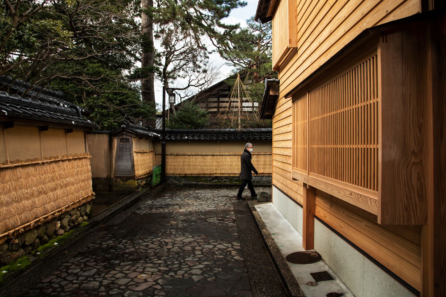 Traditional wooden Japanese architecture with walkways and garden elements under overcast sky.