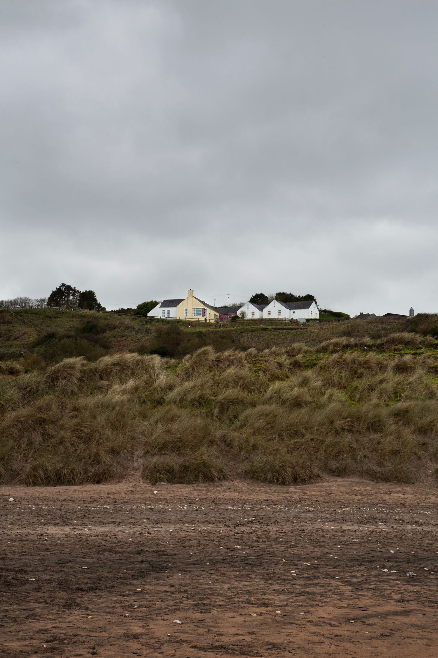 Houses perched on grassy hillside overlooking barren rocky beach under cloudy skies.