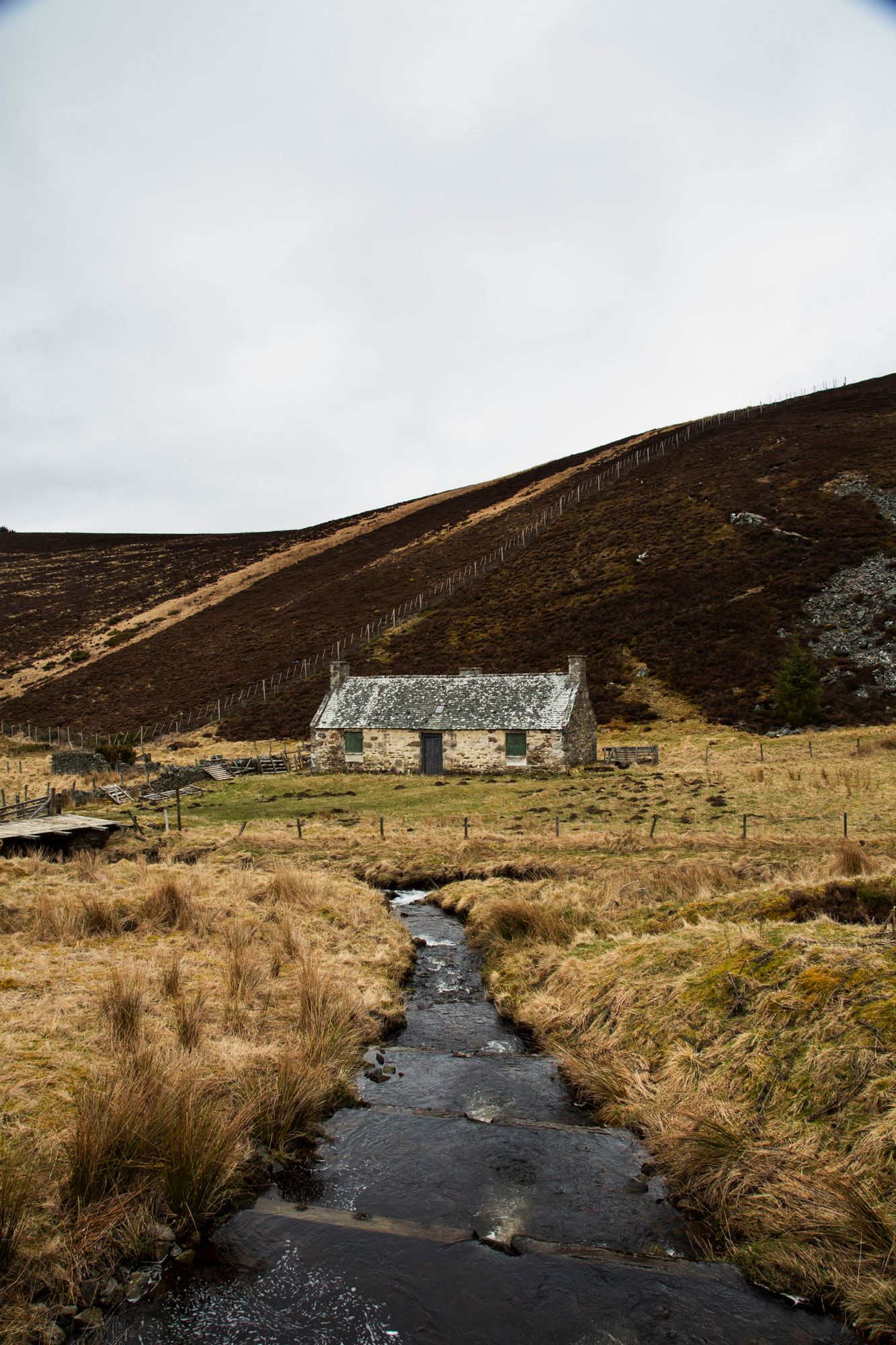 A winding stream flows through rugged Scottish moorland with a rustic stone cottage nestled against the hillside.