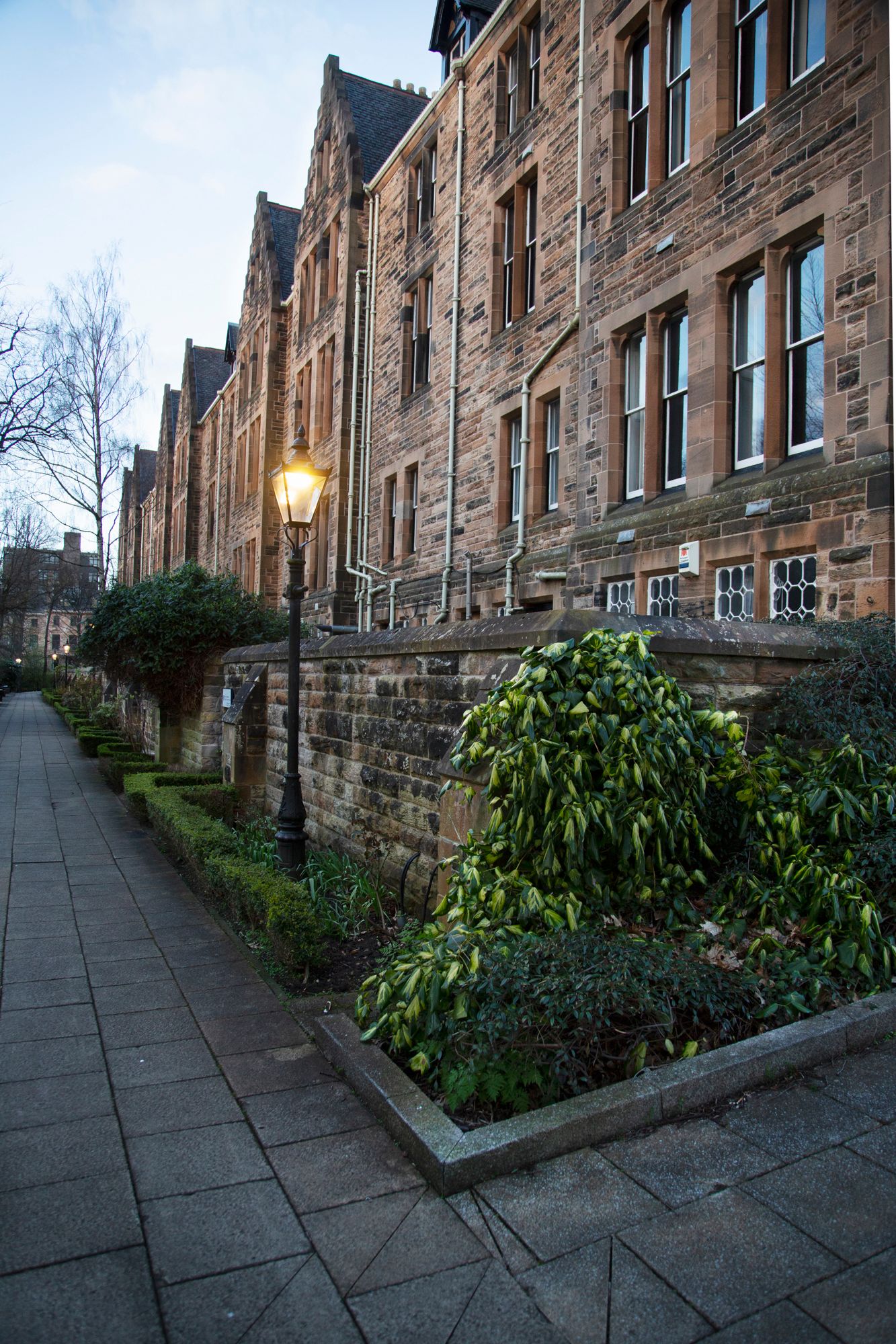Historic stone apartment buildings with garden beds along a narrow walkway at dusk in Edinburgh's residential area.