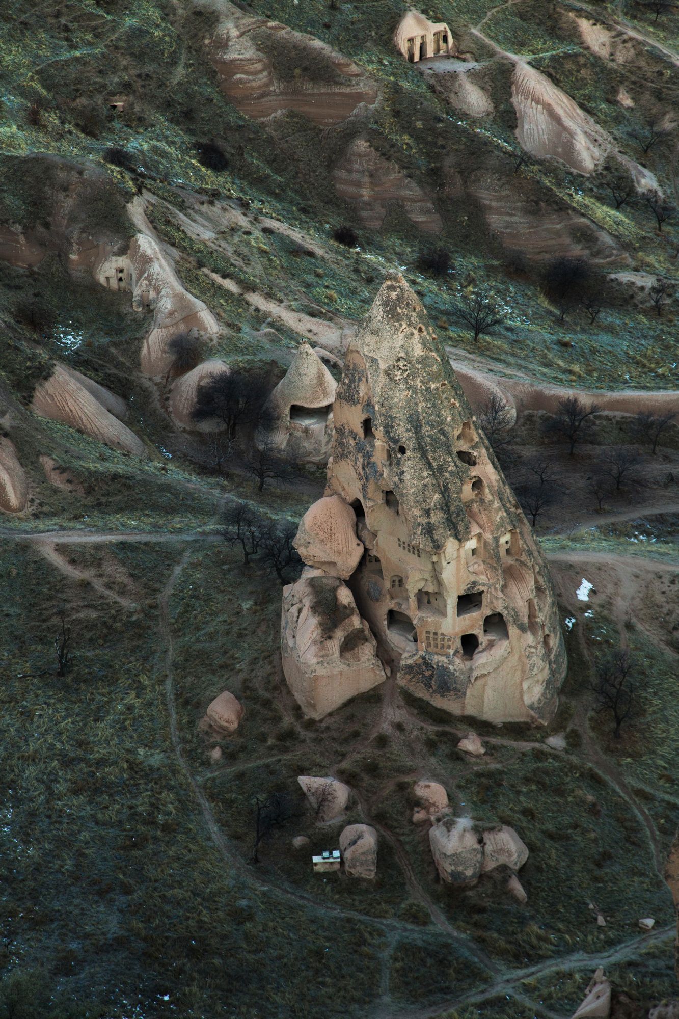 Aerial view of cave dwellings and rock formations surrounded by green vegetation in Cappadocia.