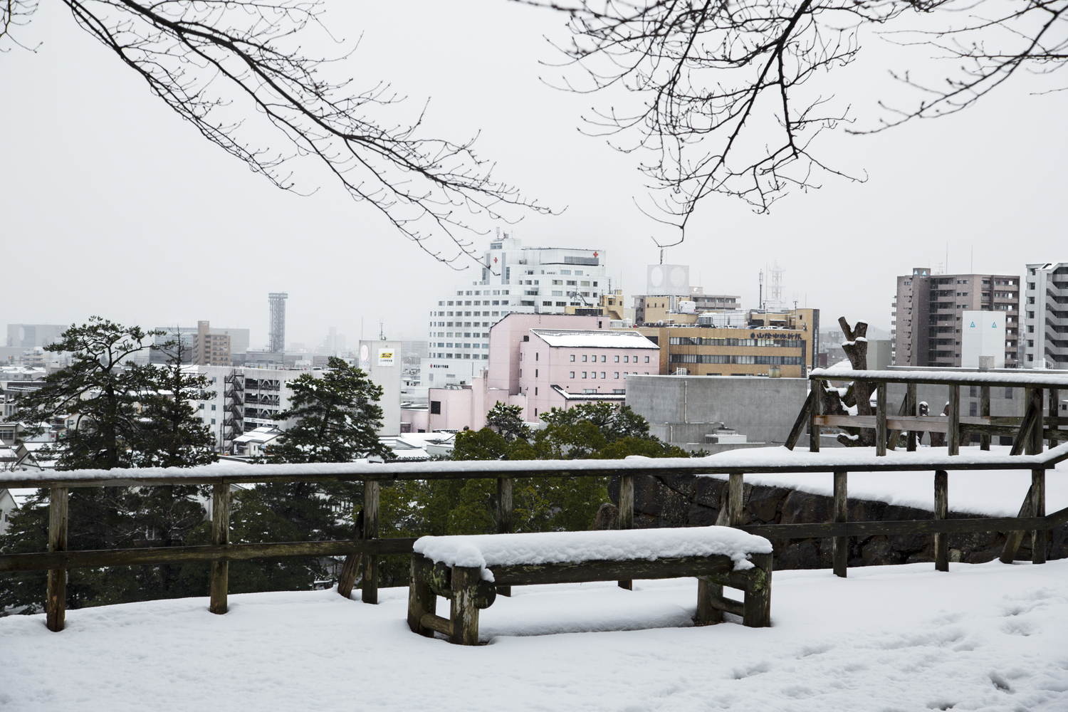 Snow-covered bench overlooking a city skyline on a winter day.