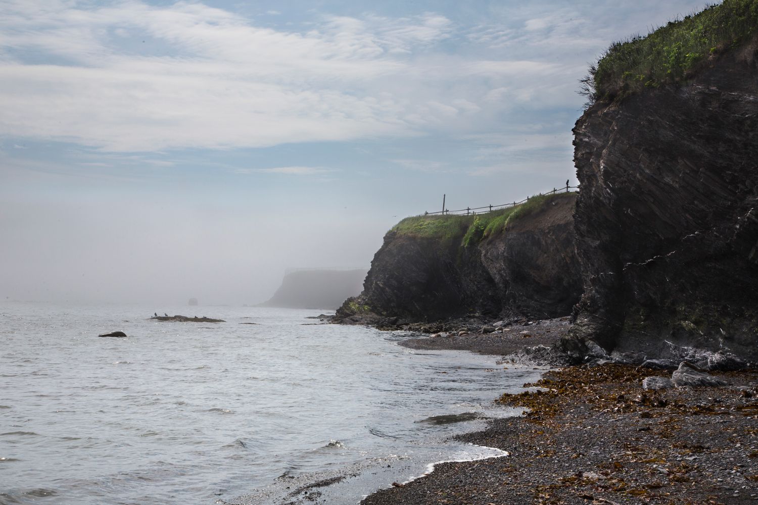 Foggy coastal cliff with lighthouse overlooking rocky shoreline.