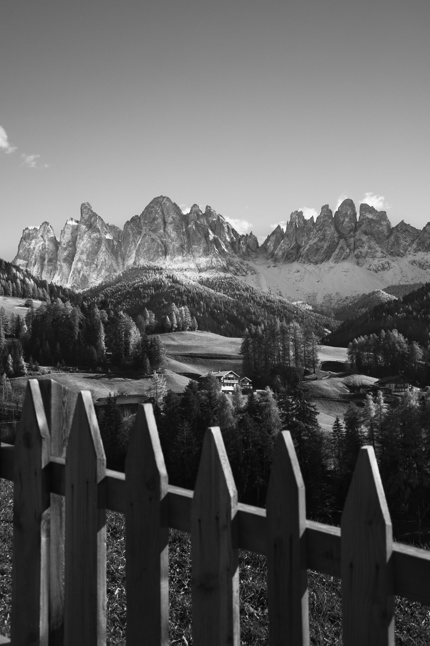 Black and white photo of wooden fence with Dolomites mountain peaks and evergreen forest valley in background.