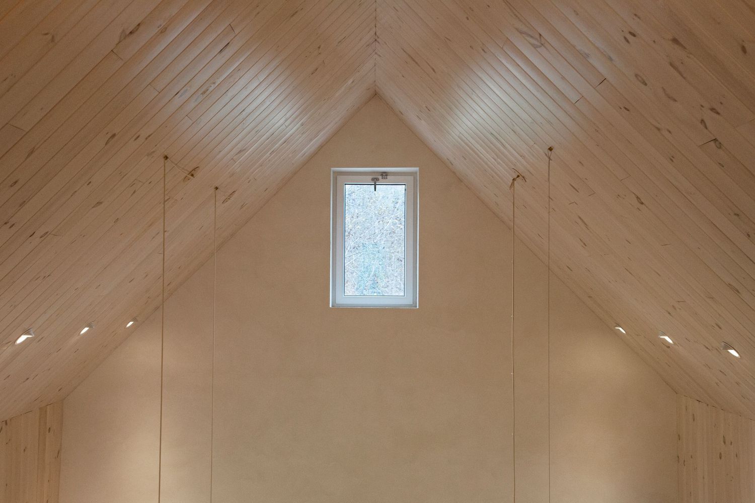 Vaulted pine ceiling with skylights in modern architectural space.