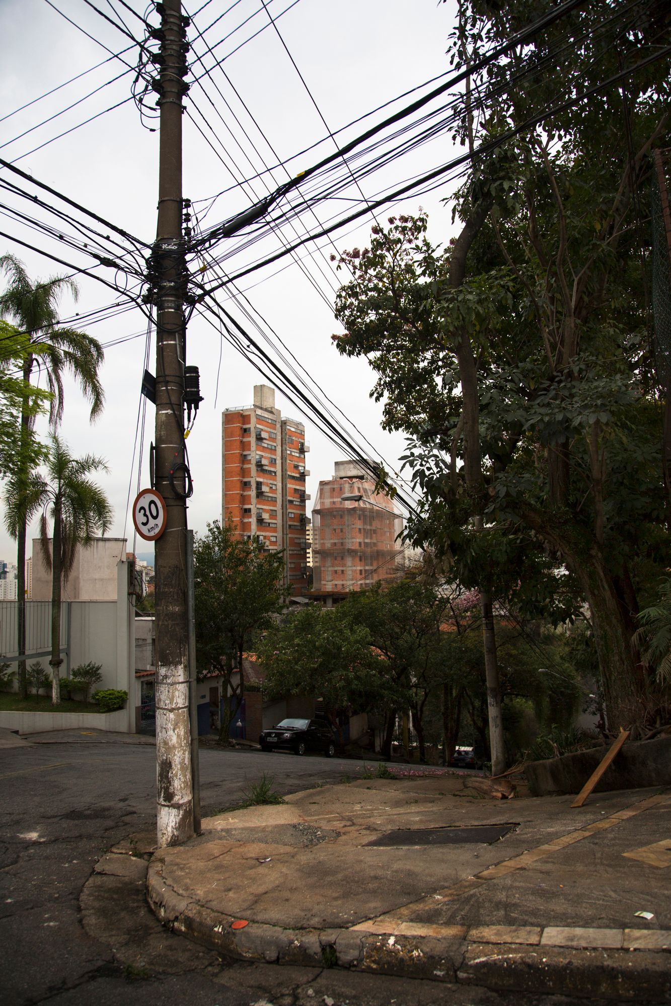 Urban street corner with power lines and utility poles against residential buildings and palm trees.