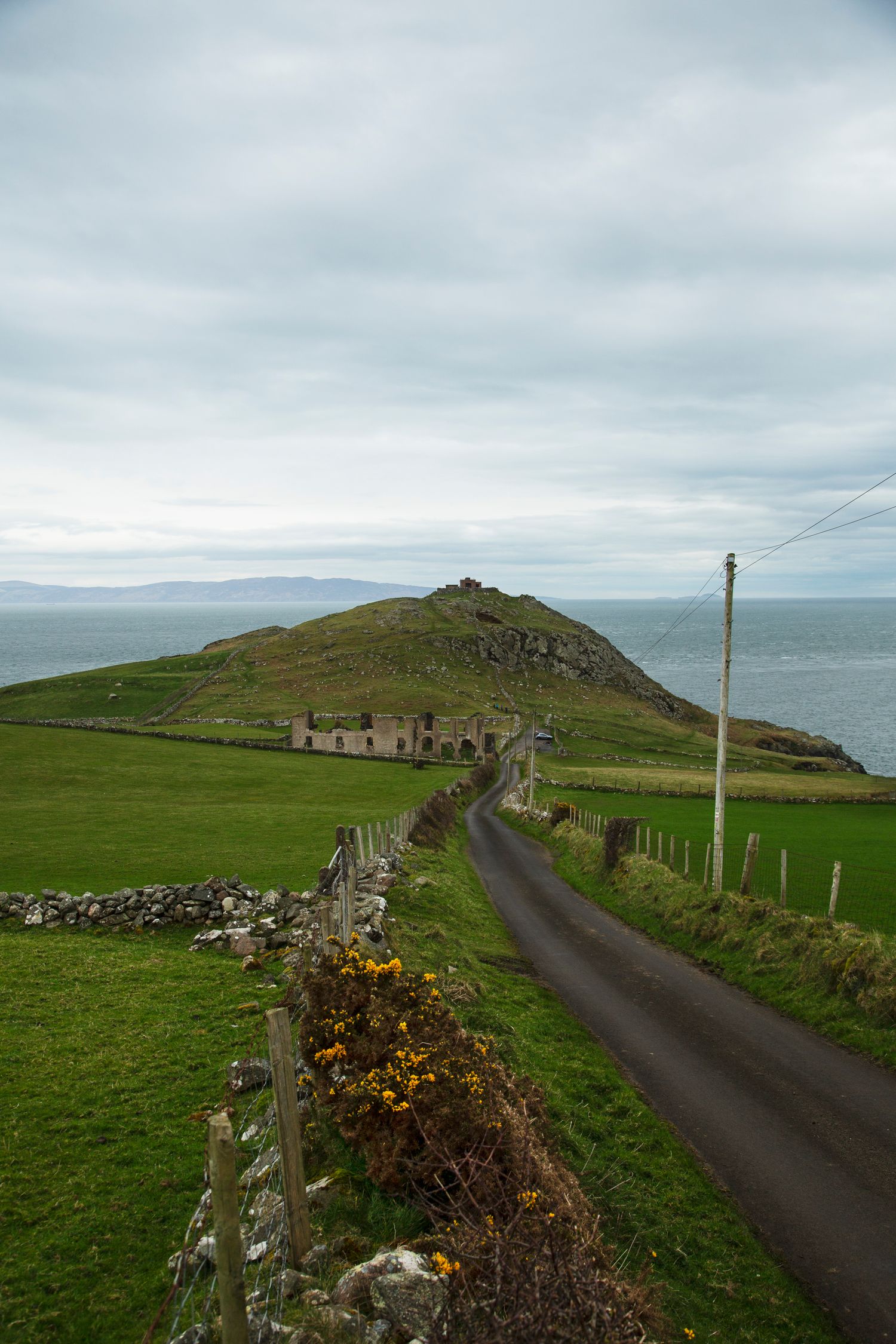 Winding coastal road lined with fence posts leads along green cliffs overlooking the ocean.