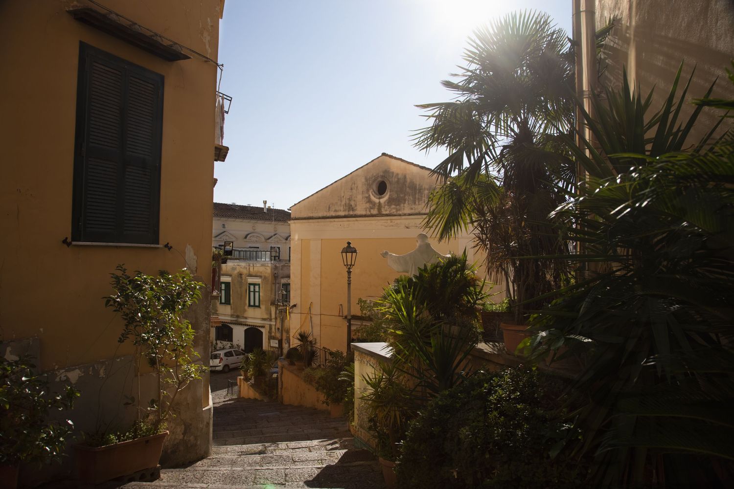 Sunlit narrow alley in an Italian village with yellow buildings, palm trees, and lush potted plants on stone steps.