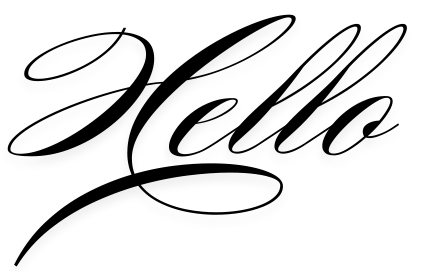 Elegant cursive calligraphy spelling Hello in decorative black script on white background.