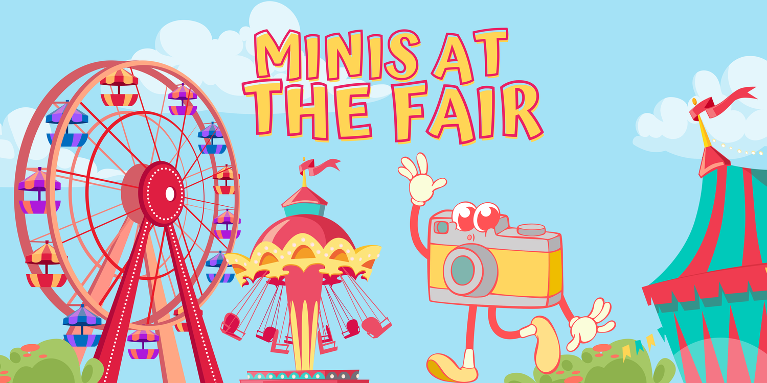 Colorful fair-themed banner featuring a Ferris wheel, carousel, and cartoon camera character with text Minis At The Fair.